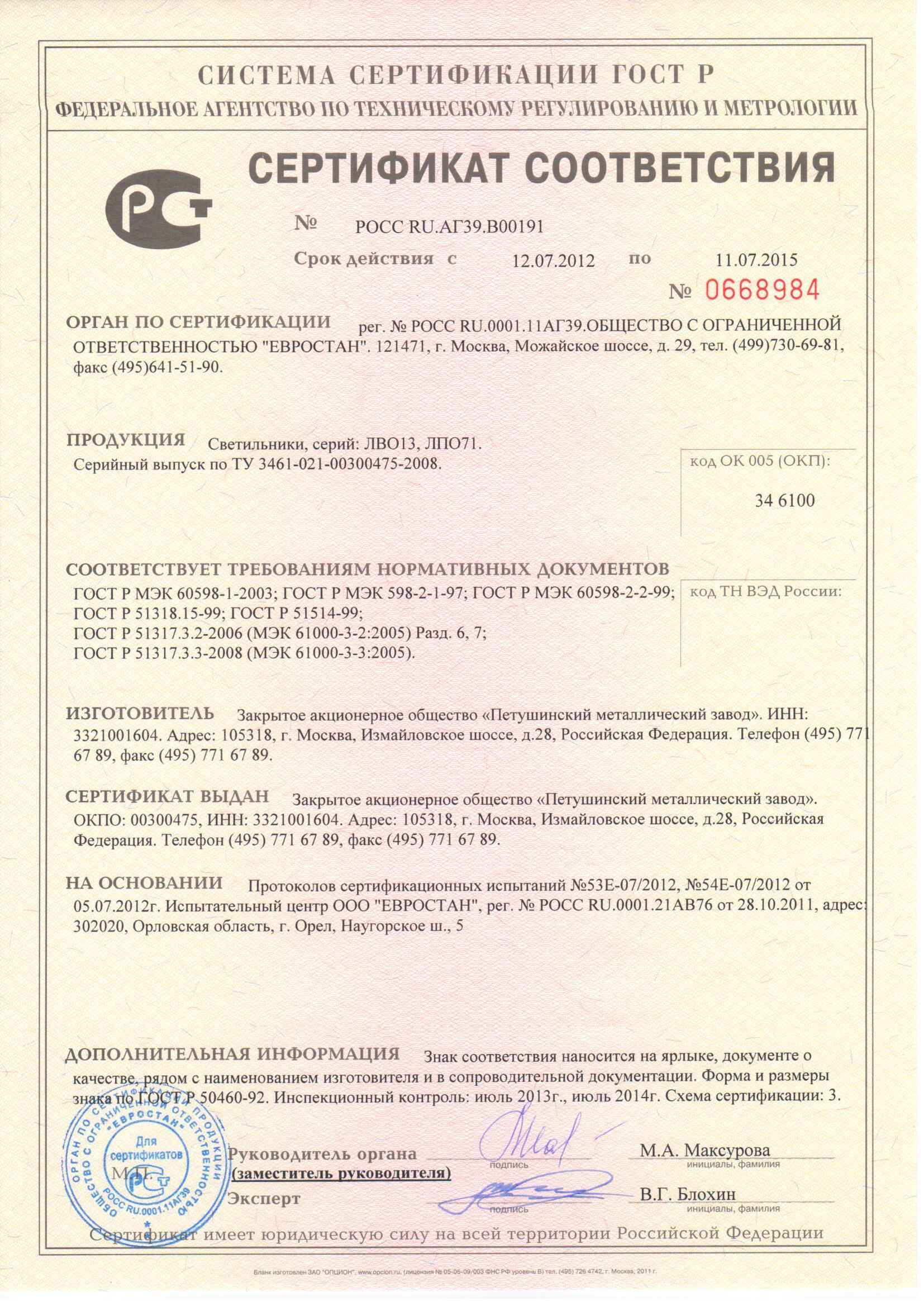 Сертификат соответствия ЛВО, ЛПО